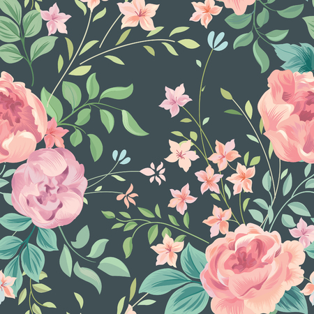 Floral seamless pattern on dark backgroundのイラスト素材
