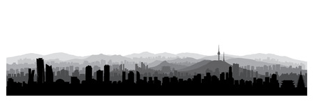 Seoul city skyline view, South Republic of Korea. Korean urban panoramic view. Cityscape with famous building silhouetteのイラスト素材