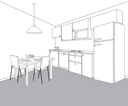 Interior sketch of kitchen room. Outline blueprint design of kitchen with modern furniture and dining tableのイラスト素材