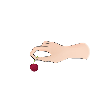 Cherry on top. Hand holding berry over white background. Cooking dessert sign. Bonus iconのイラスト素材