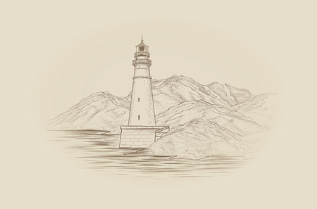 Lighthouse seaside view. Hand drawn seascape with beacon. Landscape sketch with lighthouse tower, sea and mountainsのイラスト素材