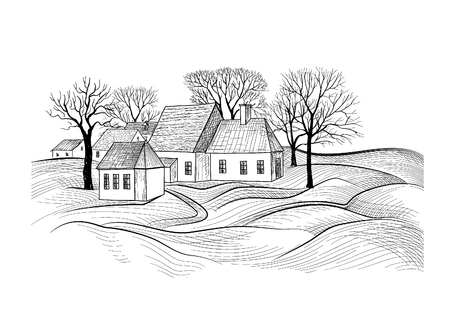 Countryside rural landscape with village house. Sketch of countryhouse building with fields. Farm land skylineのイラスト素材