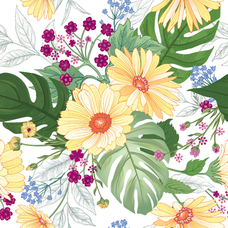 Floral seamless pattern. Garden Flower bouquet summer nature background. Flourish garden texture with flowers and leaves.のイラスト素材