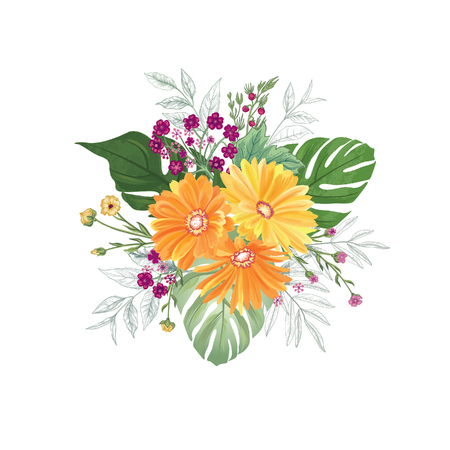 Flower bouquet over white background. Floral pattern for greeting card design. Garden Flowers drawing.のイラスト素材