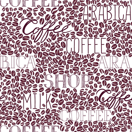 Coffee seamless pattern. Coffee beans and lettering COFFEE hand-drawn backgroundのイラスト素材