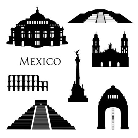 Mexico city landmarks icon set. Famous  buildings silhouettes. Travel Brazil signsのイラスト素材