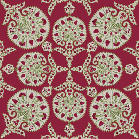 Floral seamless fabric pattern. Flourish tiled oriental ethnic background. Arabic ornament with...