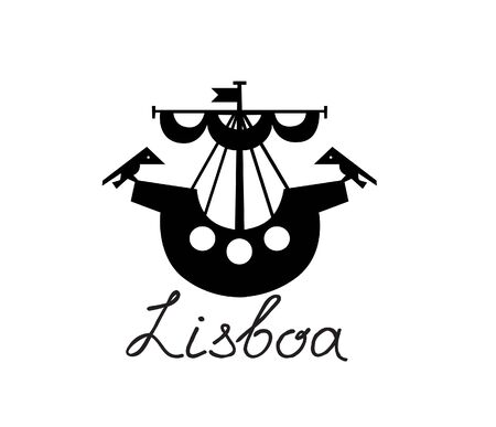 Lisbon city city icon. Ship with birds Lisboa city symbol. Travel Portugal sign.のイラスト素材