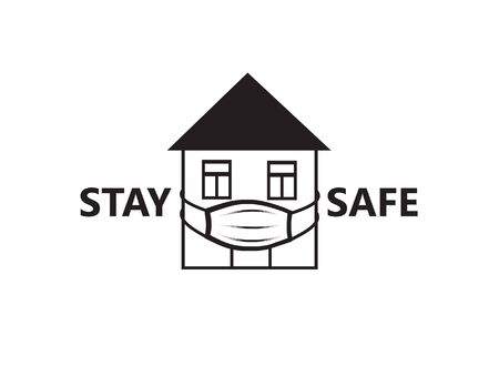 Quarantine sign. Crestative symbol with house, wearing medical mask and lettering "Stay home", "Stay safe" over white background.のイラスト素材