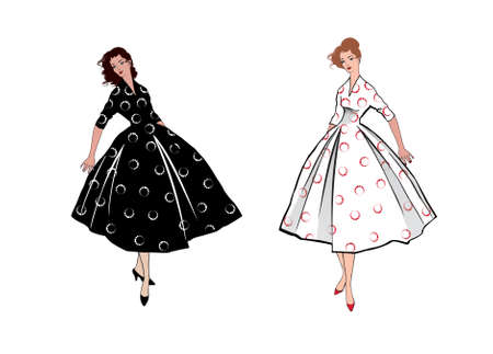 Stylish fashion dressed girls (1950's 1960's style): Retro fashion dress party. Summer clothes vintage woman fashion silhouette from 60s. Two women in summer holiday dress.のイラスト素材