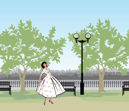 Retro fashion dressed woman (1950's 1960's style) in city park landscape. Stylish young lady in vintage clothes in summer city garden. Summer fashion silhouette from 60s. Park cityscape skyline. Urban life illustration.のイラスト素材