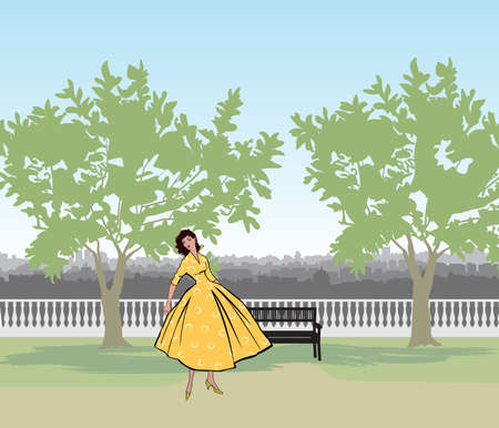 Retro fashion dressed woman (1950's 1960's style) in city park landscape. Stylish young lady in vintage clothes in summer city garden. Summer fashion silhouette from 60s. Park cityscape skyline. Urban life illustration.のイラスト素材