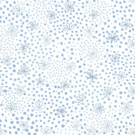Floral seamless pattern with polka dot ornament. Stylish drawn flowers over dotted backdrop. Abstract textured circle and flowerornament. Isolated on white.のイラスト素材