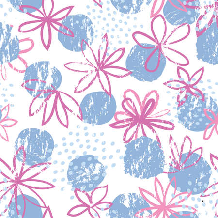Abstract floral seamless pattern with geometric shapes. Polka dot ornamental background with flowers. Stylish drawn dotted backdrop.のイラスト素材