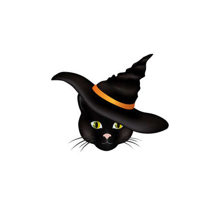 Cat in hat. Black cat looking at camera in Halloween hat. Funny holiday cartoon for greeting cardのイラスト素材