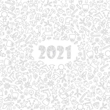 Christmas icon holiday background with numbers 2021. Happy New Year wallpaper. Winter holiday grunge greeting card design. Happy Winter Holiday Doodle Greeting Card with handwritten Lettering 2021のイラスト素材