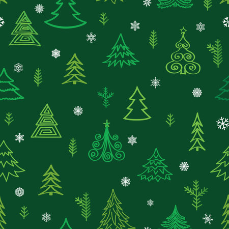 Christmas tree snow winter forest pattern. Holiday icons and New Year Tree xmas backgroundのイラスト素材