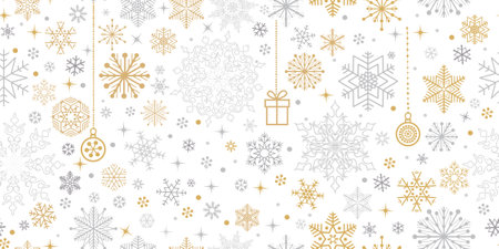 Christmas seamless pattern with snow winter motifs. Snowflakes and circles ornaments. Holiday icons and noel decor. Beautiful lacy crystal xmas white winter backgroundのイラスト素材