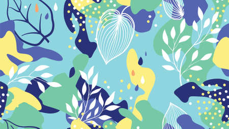 Abstract organic blots and leaves. Floral seamless pattern in trendy style. Stylish background with...