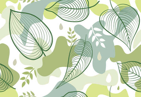 Seamless pattern with organic shape blots in memphis style. Stylish floral painted wallpaper with leaves Summer nature tile backgroundのイラスト素材