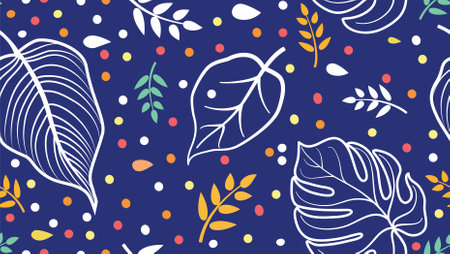 Floral pattern with drawn palm leaves. Flower seamless summer festive background. Flourish ornamental garden with polka dot ornament.のイラスト素材
