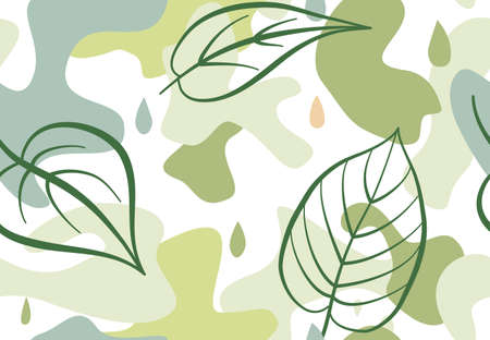 Seamless pattern with organic shape blots in memphis style. Stylish floral painted wallpaper with leaves. Summer nature tile backgroundのイラスト素材