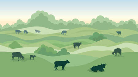 Rural dairy farm landscape with cows over seamless panoramic countryside horizon. Hills, meadows, trees and fields skyline. Summer nature background. Pasture grass for cows.のイラスト素材