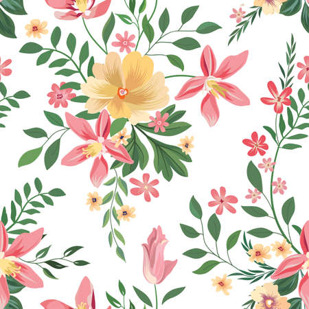 Floral seamless pattern. Flower background. Floral seamless texture with flowers. Flourish tiled wallpaperのイラスト素材