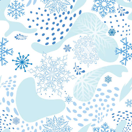 Snow seamless pattern. Abstract floral winter pattern with dots and snowflakes. Ornamental flourish seasonal drawn texture. Winter holiday backdrop. Artistic stylish backgroun. Christmas collection.のイラスト素材