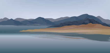 Mountain and hills landscape. Rural skyline. Lake Lagoon resort view backgroundのイラスト素材