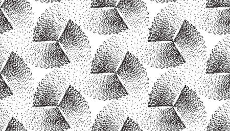 Abstract geometric dotted swirl fan seamless pattern. Artistic polka dot ornamental stylish background. Abstract tile swirl motion dots monochrome textureのイラスト素材