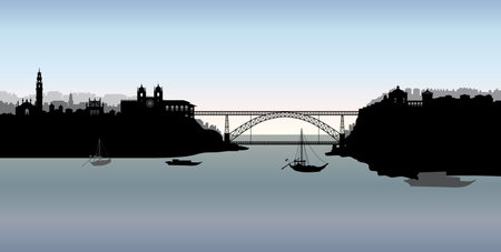 Portugal city Porto panoramic tourist skyline view. Portuguese cityscape with famous bridge thour Douro riverのイラスト素材