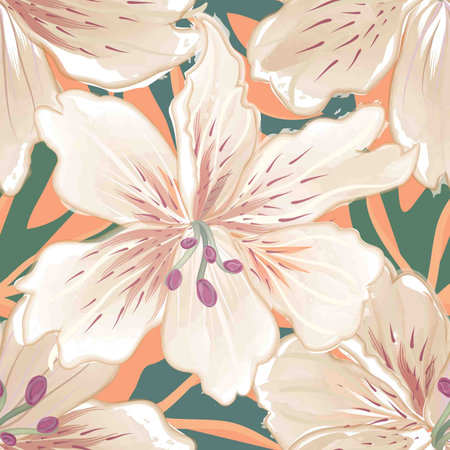 Abstract seamless floral pattern with flowers, dots, leaves. Chaotic flowing bloom retro style. Dots and flower lotus shapes. Floral stylish artistic ornamental tile backgroundのイラスト素材