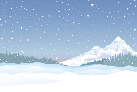 Snow winter landscape with mountains. Retro Merry Christmas snowy skyline. Winter nature holiday snowfall view. Holiday backgroundのイラスト素材