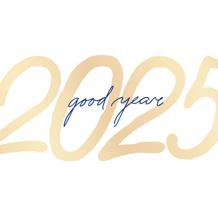 Happy New Year banner with lettering GOOD YEAR 2025. Christmas holiday greeting card over white background. Calendar cover concept designのイラスト素材