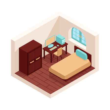 Isometric room with a bed, a wardrobe and a place to work at a computerのイラスト素材