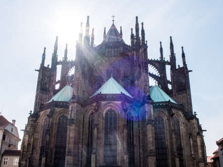 church at prague with sunlight in the backgroundの写真素材