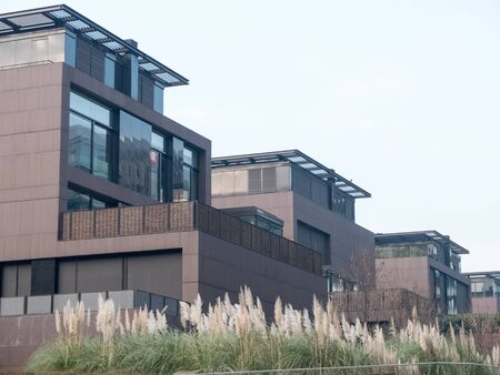 Architectural Exterior Detail of Modern Modular Homes with Rear Patios and Surrounded by Lush Plant...