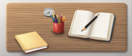 September 1. There is a notebook and a pencil on the school desk. classroom.の素材