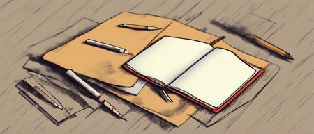September 1. There is a notebook and a pencil on the school desk. classroom.の素材