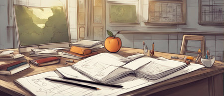 September 1. There is a notebook and a pencil on the school desk. classroom.の素材