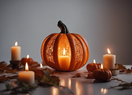 Pumpkin candle. Autumn decor. Halloweenの素材