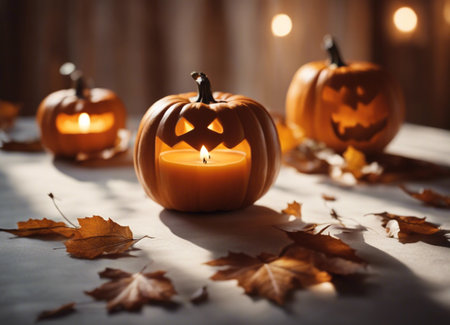 Pumpkin candle. Autumn decor. Halloweenの素材