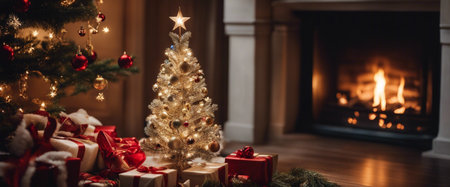 Christmas tree, decorated with New Years toys, stands near the fireplaceの素材