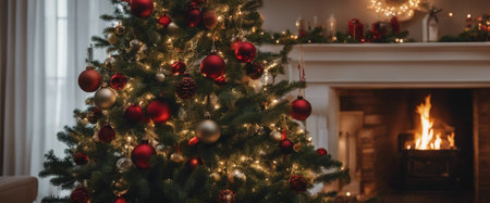 Christmas tree, decorated with New Years toys, stands near the fireplaceの素材