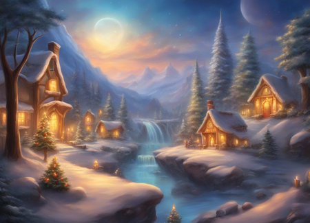 Houses in a snowy forest. New Year theme . Ð¡hristmas scene.の素材