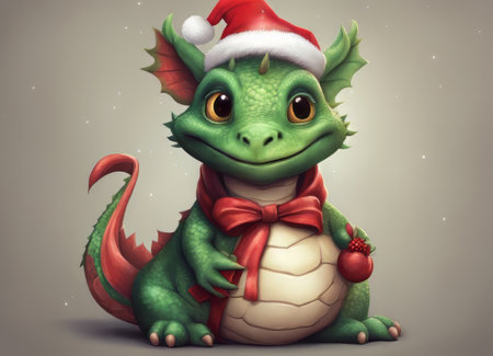A hyper realistic cute cartoon dragon creature dressed for Christmas.Happy New Year 2024の素材