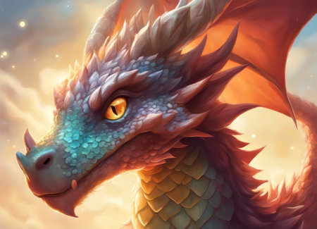 A hyper realistic cute cartoon dragon creature dressed for Christmas.Happy New Year 2024の素材