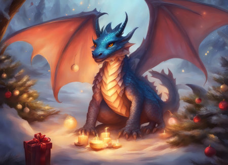 A hyper realistic cute cartoon dragon creature dressed for Christmas.Happy New Year 2024の素材