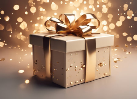 Gift box in beige color in zero gravity, with sparkls, magic. Christmas.Happy New Year 2024の素材